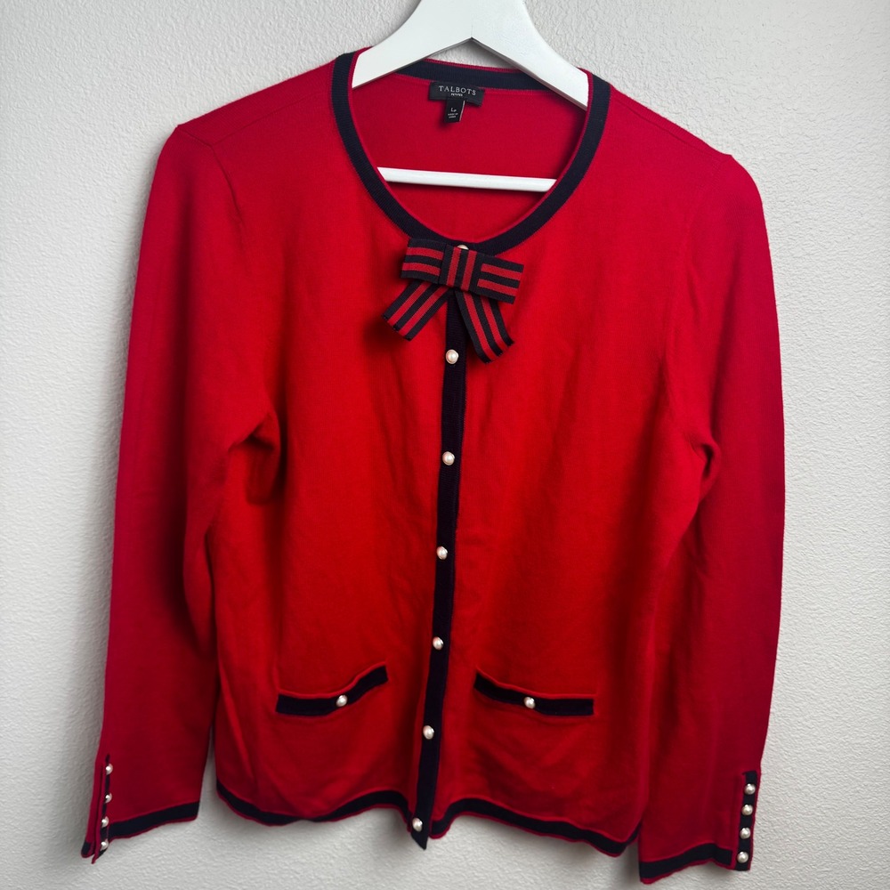 Talbots Charm Cardigan Sweater LP Red Pearl Button Bow Detail Cashmere Blend - Picture 3 of 8